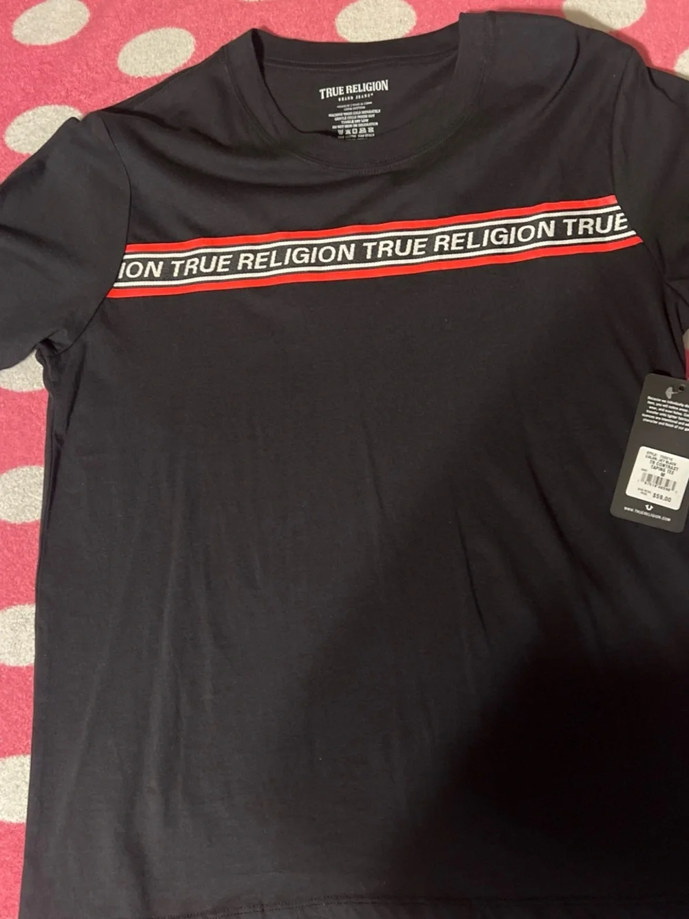 True Religion Black Short-Sleeve Tee with Red & White Logo Band